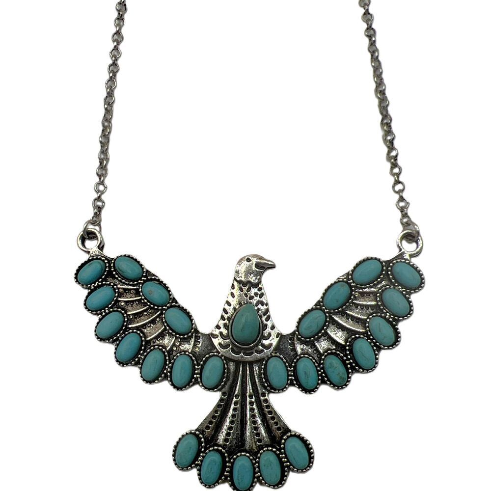 NEW Silver Faux Turquoise Phoenix Pendant Chain Necklace - Picture 8 of 11